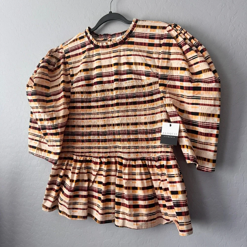 NWT Eloquii Elements Size 20 Peplum Top Plaid 3/4 Puff Sleeve Smocked Bodice